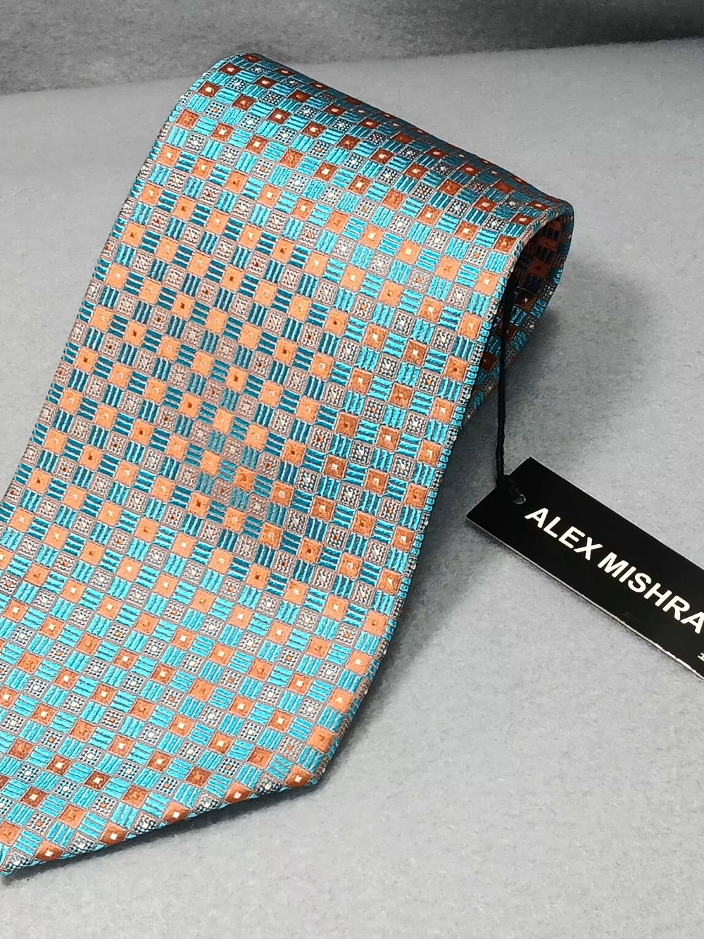 New Alex Mishra Tie Silk Blue Iridescent Orange Print Hand Made Event Office